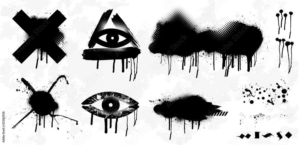 Poster spray graffiti stencil template. isolated collection. black splashes isolated on transparent backgro