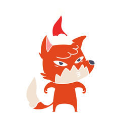 clever flat color illustration of a fox wearing santa hat