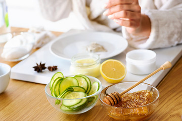 Woman at home having skin care routine. Concept of natural cosmetics skin care.