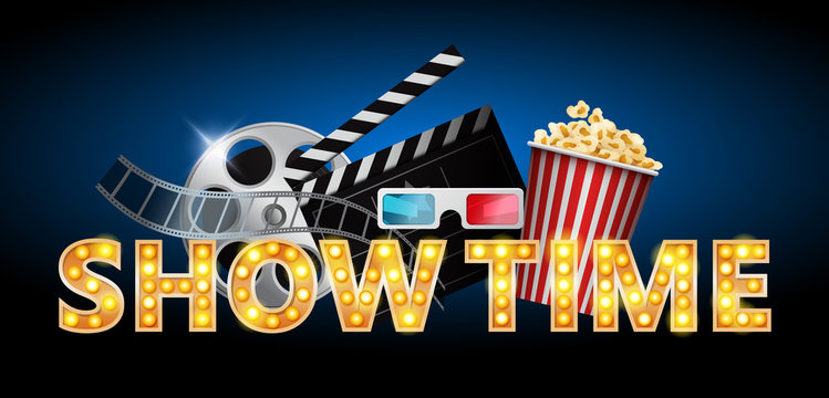 Cinema concept, showtime banner, poster design with popcorn, 3d glasses, film tape, clapperboard, vector illustration.