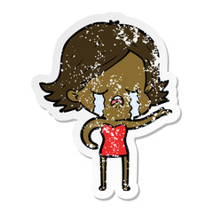 distressed sticker of a cartoon girl crying