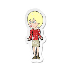 retro distressed sticker of a cartoon annoyed woman
