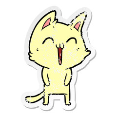 distressed sticker of a happy cartoon cat