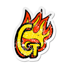 retro distressed sticker of a cartoon flaming letter