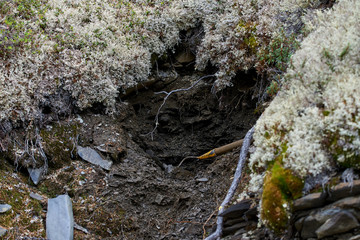 Dug pit in the ground for sampling for gold