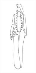 Walking girl in a vest, pullover and trousers. Vector image isolated, outline.