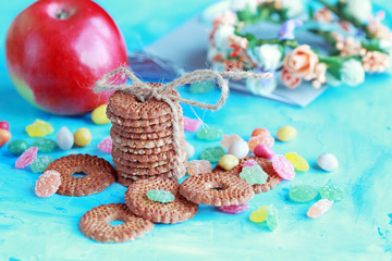 cookies and sweets on a blue background