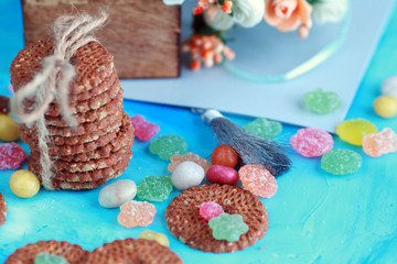 cookies and sweets on a blue background
