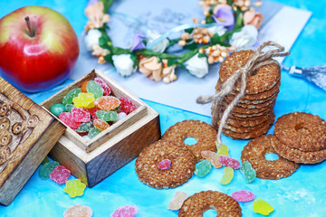 cookies and sweets on a blue background