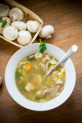homemade rural soup with vegetables and mushrooms in a bowl