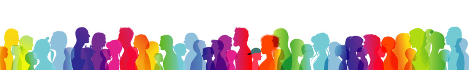 Dialogue between people of different ages and ethnic groups. Crowd talking. Rainbow colored profile silhouette. Many different people talking. Diversity between people. Multiple exposure