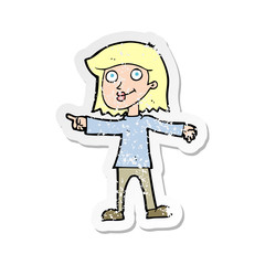 retro distressed sticker of a cartoon happy woman pointing