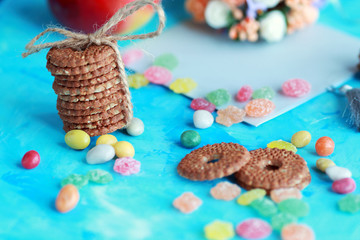 cookies and sweets on a blue background