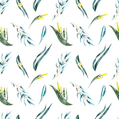 Seamless watercolor pattern with wild grasses and flowers. Illustration for fabrics, posters, postcards, packaging paper, decoration.