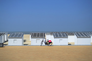 Beach huts on the sand, Oostende beach in Belgium