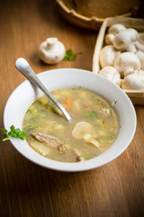 homemade rural soup with vegetables and mushrooms in a bowl