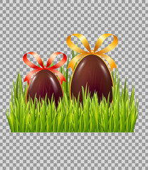 Chocolate Easter eggs with bow in green grass isolated on transparent background. Vector illustration