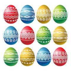 Color easter eggs isolated on white background. Holiday Easter Eggs decorated with geometric shapes. Print design, label, sticker, scrap booking, vector illustration