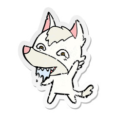 distressed sticker of a cartoon hungry wolf