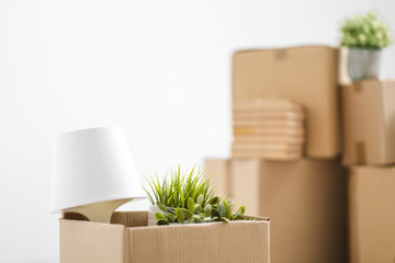 Cardboard boxes with things are stacked on the floor against the background of a white wall close up. Books and table lamps and green plants in pots. The concept of moving to a new home.