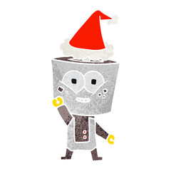 happy retro cartoon of a robot waving hello wearing santa hat