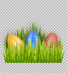 Easter eggs on green grass, decorative element with transparent background. Vector illustration