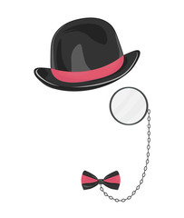 Items sets black hat glasses monocle, bow tie on white-vector
