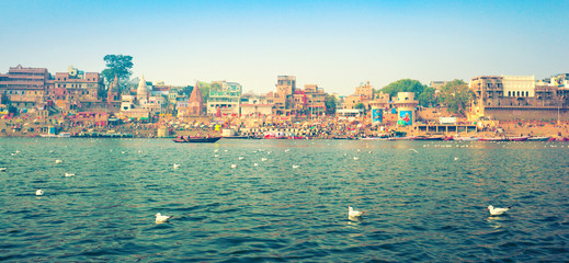 Obraz premium View of Varanasi Ghats from Ganges. Varanasi, Uttar Pradesh, India
