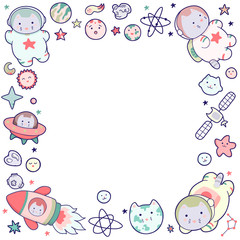 Cute space frame, with Japanese kawaii cat travels in space and a set of cosmic elements.