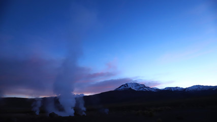 View at sunrise of El Tatio geyser field located in the Andes Mountains of northern Chile near San Pedro de Atacama