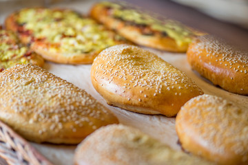 buns and pastries in a basket on the bakery shop window