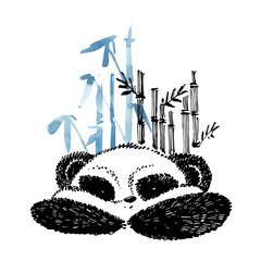 Cute panda in graphic style with bamboo. Ink hand drawn illustration.