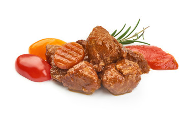 Stewed Beef meat pieces, traditional homemade European goulash, Hungarian bograch, close-up,...