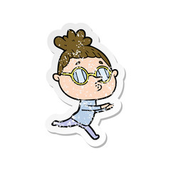 distressed sticker of a cartoon woman wearing glasses