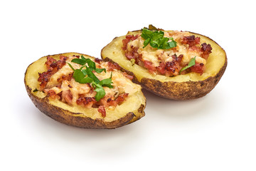 Stuffed baked potatoes with bacon and cheese, close-up, isolated on white background