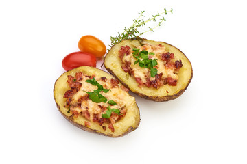 Baked potatoes stuffed with cheese and bacon, Homemade food, top view, isolated on white background