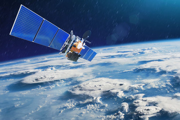 Weather satellite for observing powerful thunderstorms of storms and tornadoes in space orbiting...