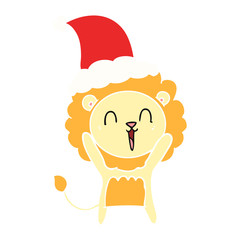 laughing lion flat color illustration of a wearing santa hat