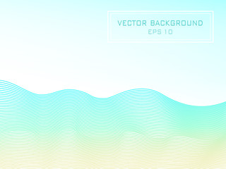 Digital seascape with sea waves and sandy beach imitation. Blue, aquamarine, turquoise gradient. Colored line art pattern. Summer vacations concept. Vector abstract template for creative design. EPS10