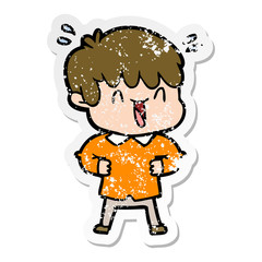 distressed sticker of a cartoon laughing boy