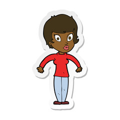 sticker of a cartoon woman shrugging shoulders