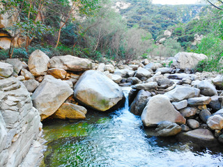 Naklejka na ściany i meble Clear river with rocks in the mountain. Mountain river flowing through the green forest landscape. Wild river in mountains. Beautiful natural scenery of river in natural reserve. Miyun, Beijing, China