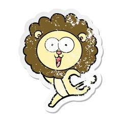 distressed sticker of a happy cartoon lion