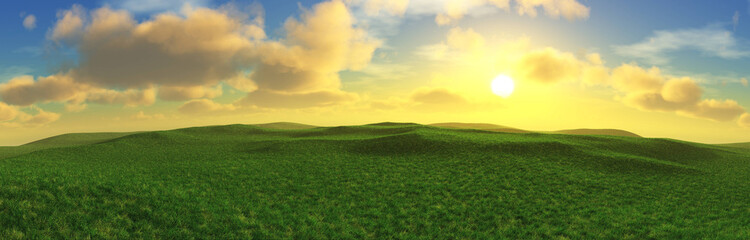 Fototapeta na wymiar Green hills, hilly plain covered with green grass at sunset, green grass under the sun in the clouds