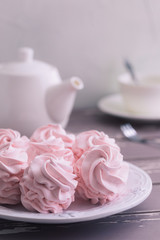 Traditional Russian homemade merengue marshmallow or zephyr on a plate on wooden background