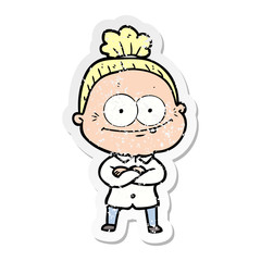 distressed sticker of a cartoon happy old woman