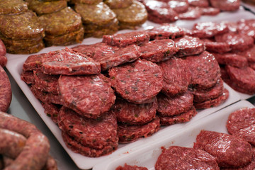 Meat products in display of market