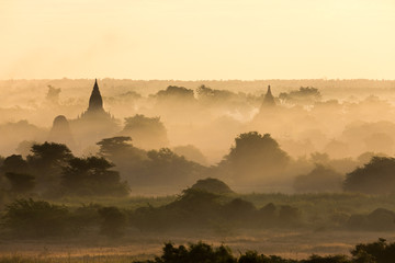 The Temples and Pagodas of Bagan(Pagan) in the mist seen from above , Mandalay, Myanmar