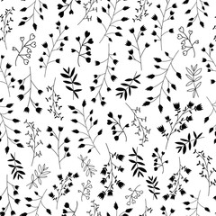 Scandinavian leaf and flowers pattern vector. Illustration. Black and white.