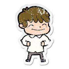 distressed sticker of a cartoon happy boy